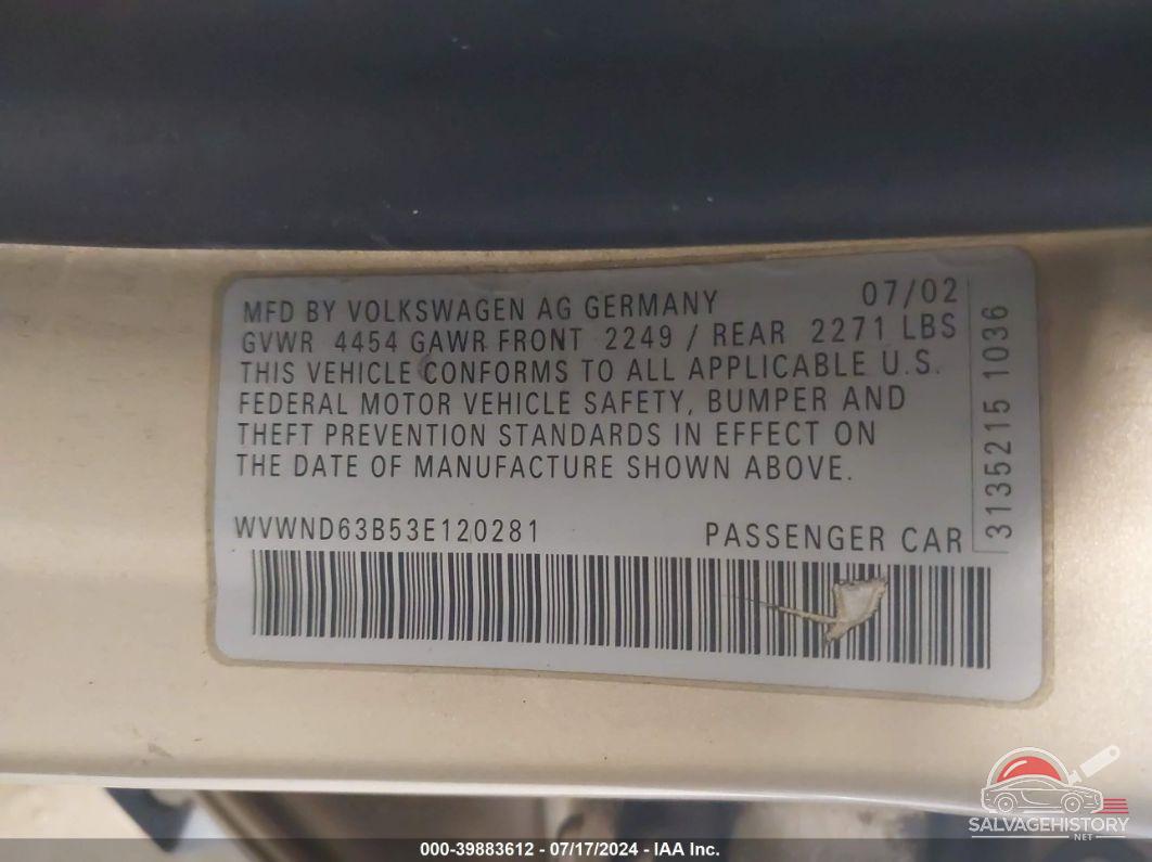 WVWND63B53E120281 2003 VOLKSWAGEN PASSAT photo no. 9