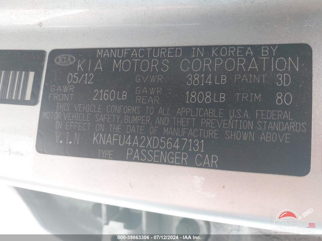 KNAFU4A2XD5647131 2013 KIA FORTE photo no. 9