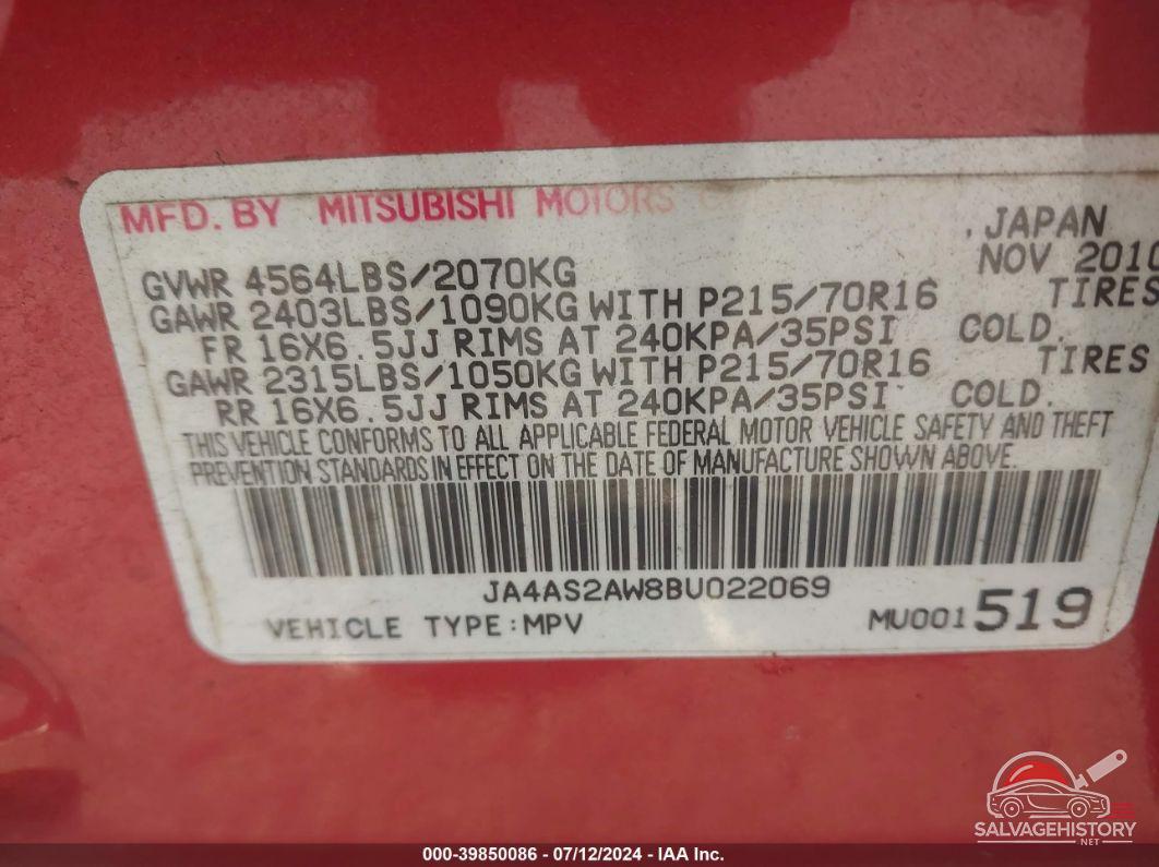 JA4AS2AW8BU022069 2011 MITSUBISHI OUTLANDER photo no. 9