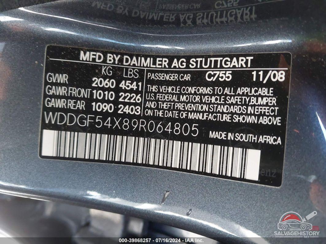 WDDGF54X89R064805 2009 MERCEDES-BENZ C 300 photo no. 9