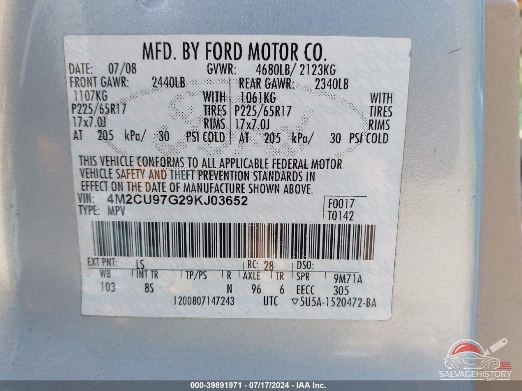 4M2CU97G29KJ03652 2009 MERCURY MARINER photo no. 9
