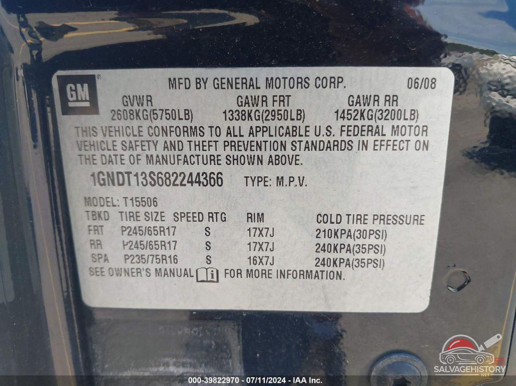 1GNDT13S682244366 2008 CHEVROLET TRAILBLAZER photo no. 9