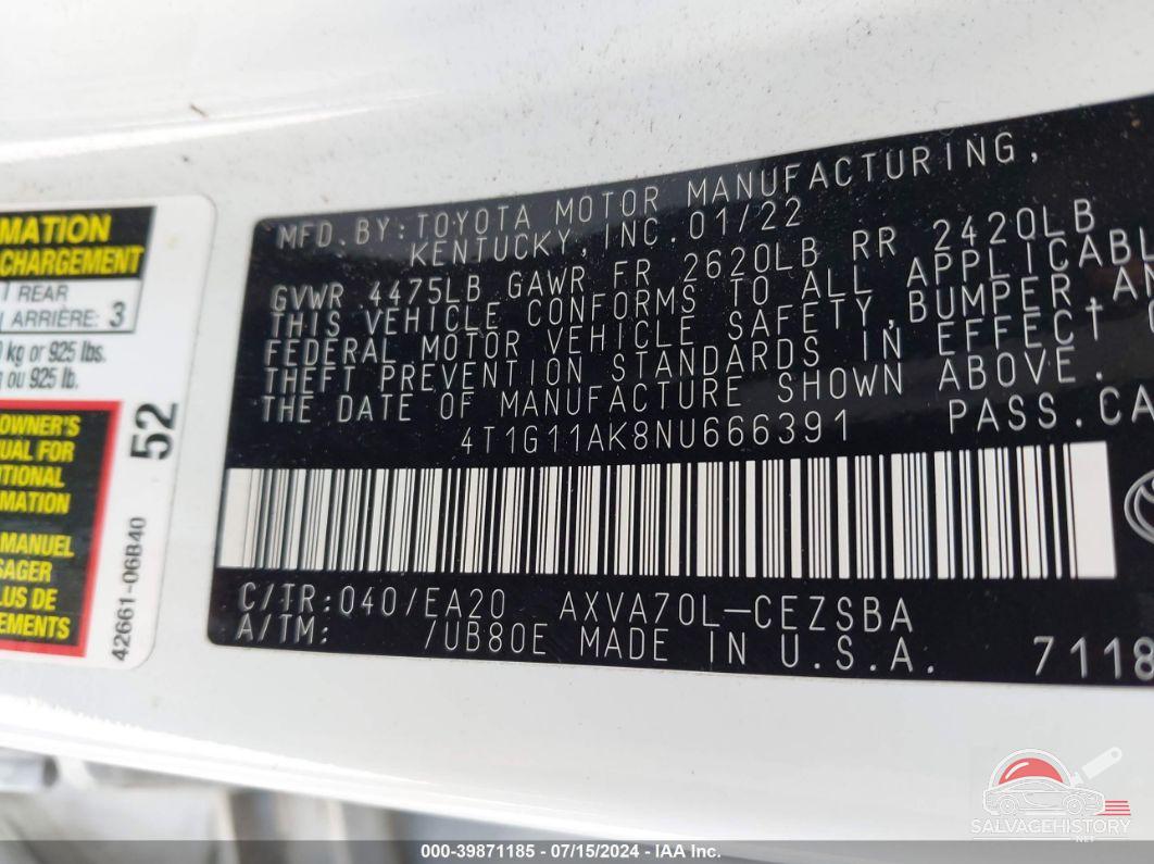 4T1G11AK8NU666391 2022 TOYOTA CAMRY photo no. 9