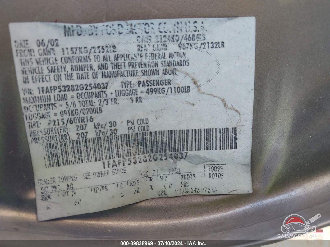 1FAFP53282G254037 2002 FORD TAURUS photo no. 9
