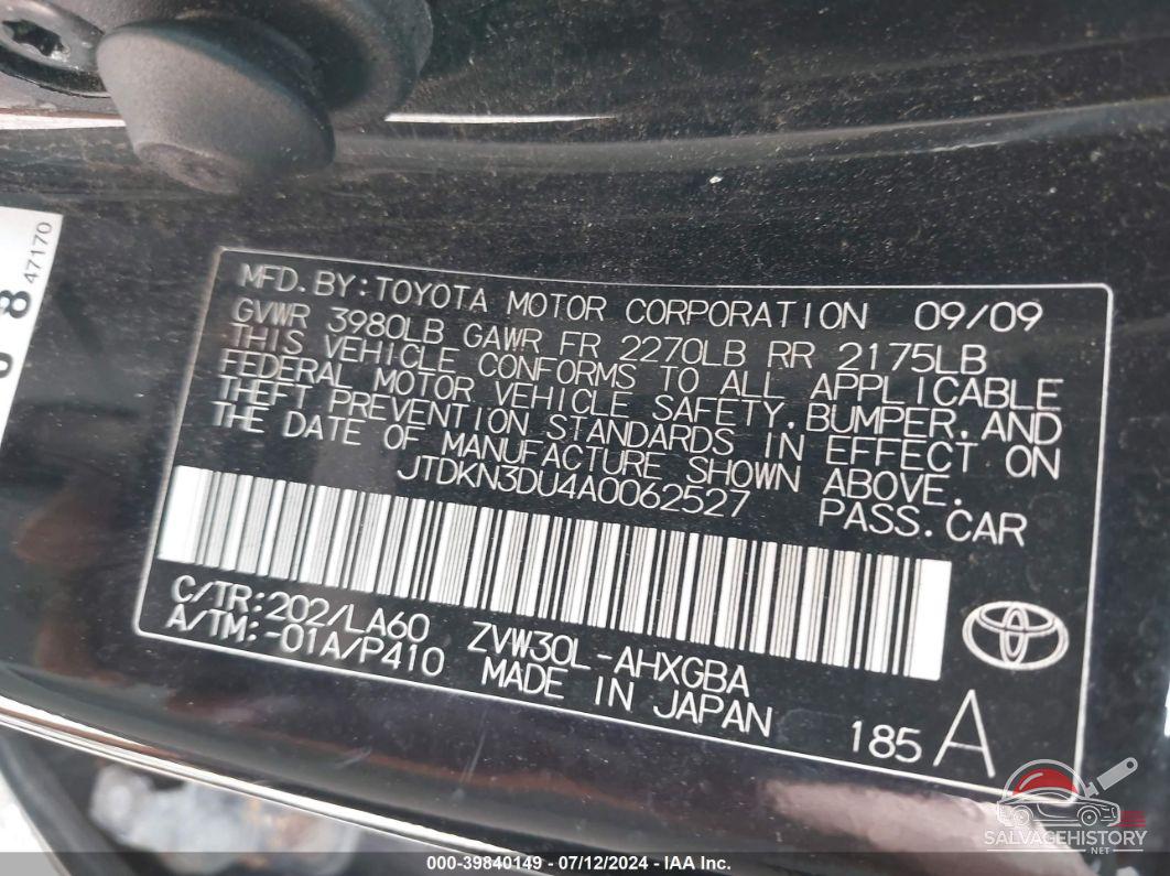 JTDKN3DU4A0062527 2010 TOYOTA PRIUS photo no. 9