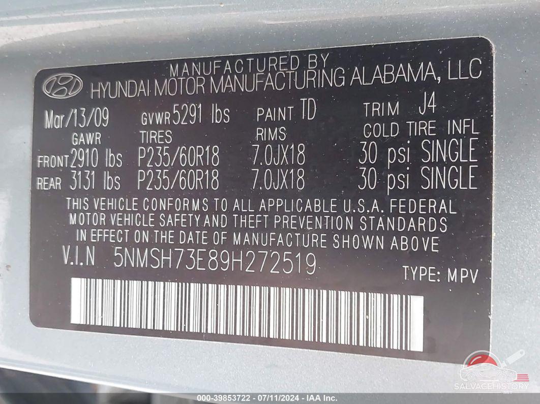 5NMSH73E89H272519 2009 HYUNDAI SANTA FE photo no. 9