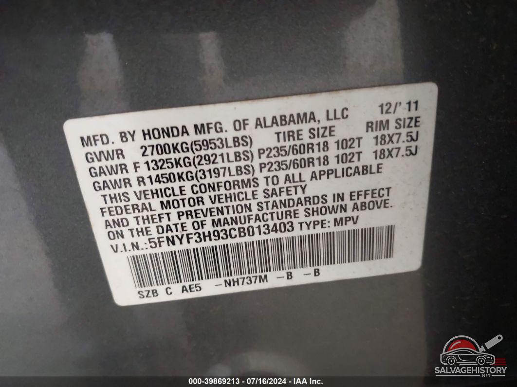 5FNYF3H93CB013403 2012 HONDA PILOT photo no. 9