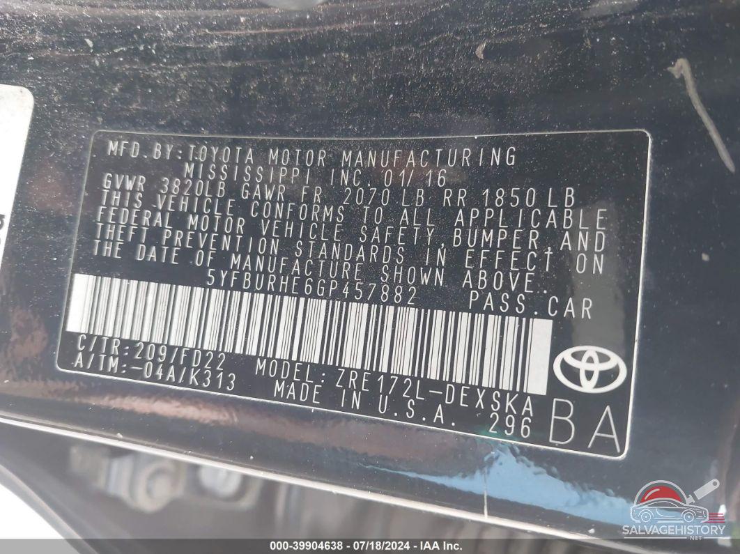 5YFBURHE6GP457882 2016 TOYOTA COROLLA photo no. 9