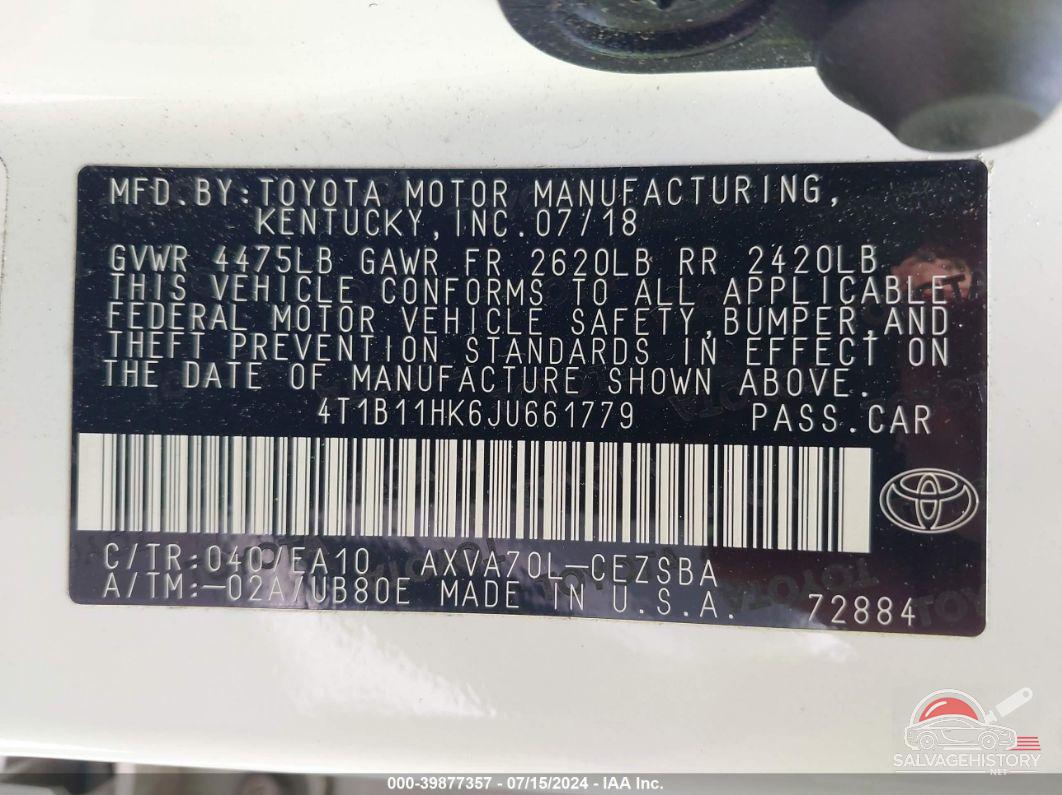 4T1B11HK6JU661779 2018 TOYOTA CAMRY photo no. 9
