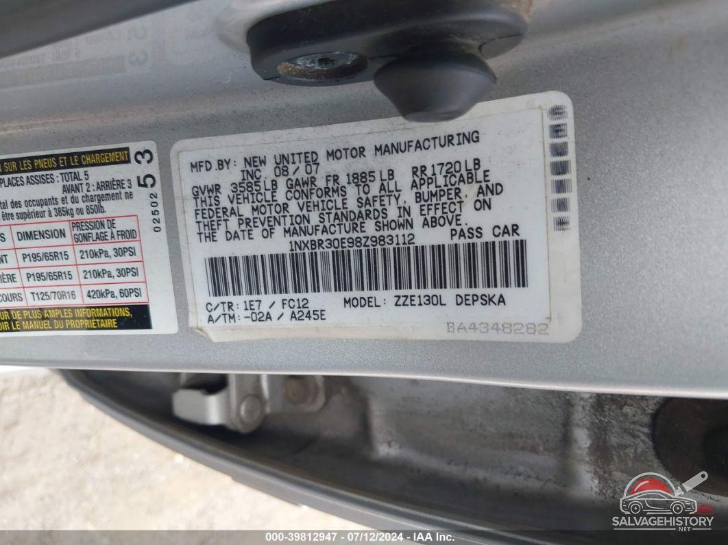 1NXBR30E98Z983112 2008 TOYOTA COROLLA photo no. 9