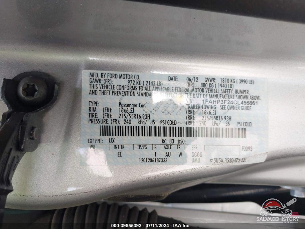 1FAHP3F24CL456861 2012 FORD FOCUS photo no. 9