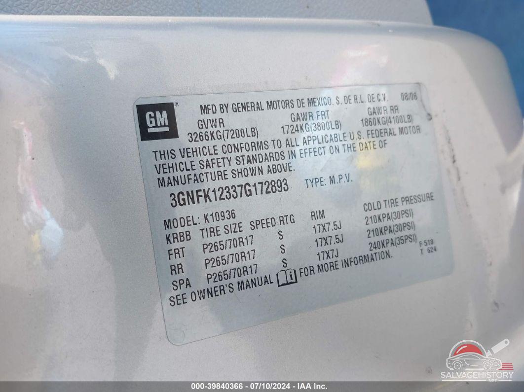 3GNFK12337G172893 2007 CHEVROLET AVALANCHE 1500 photo no. 9