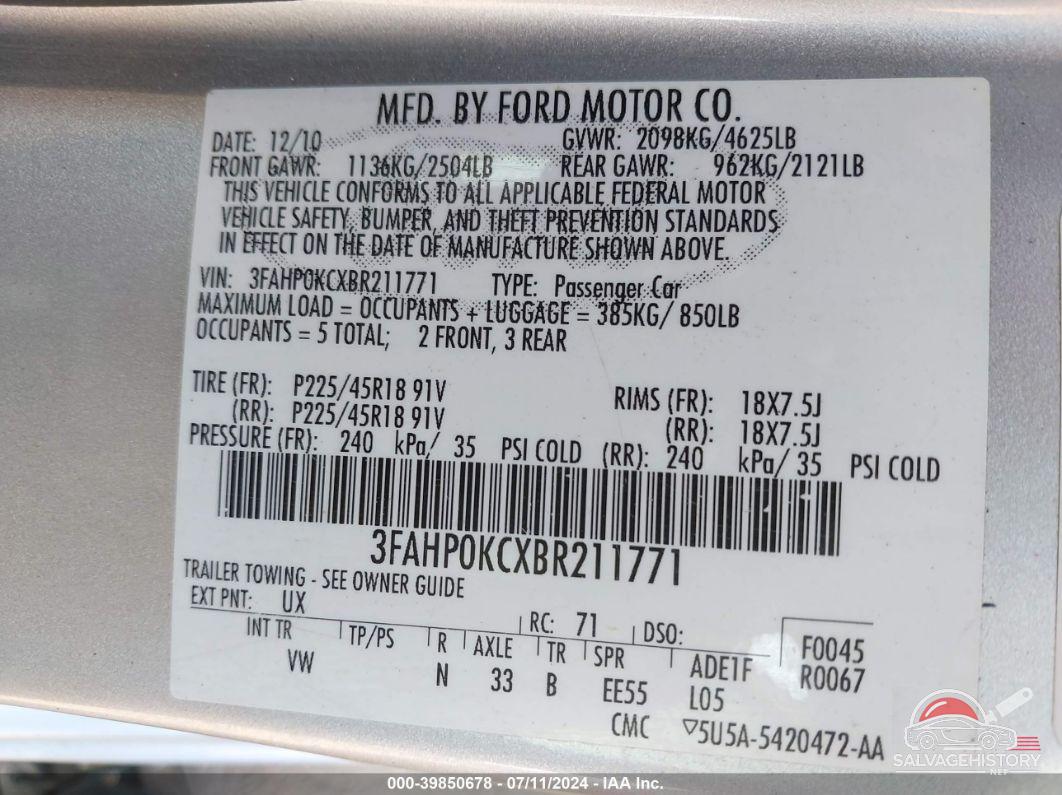3FAHP0KCXBR211771 2011 FORD FUSION photo no. 9