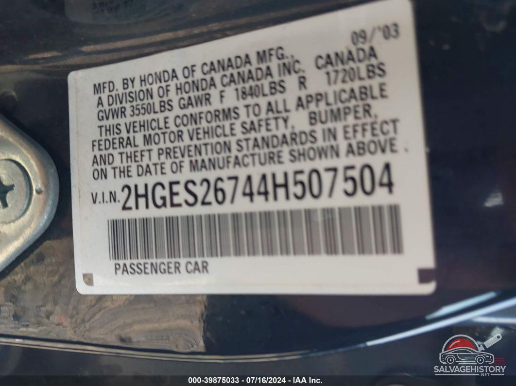 2HGES26744H507504 2004 HONDA CIVIC photo no. 9