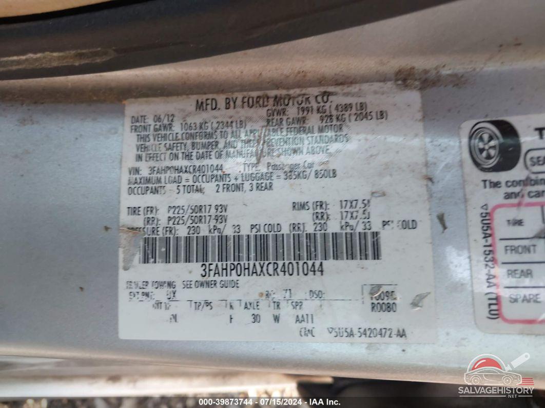 3FAHP0HAXCR401044 2012 FORD FUSION photo no. 9