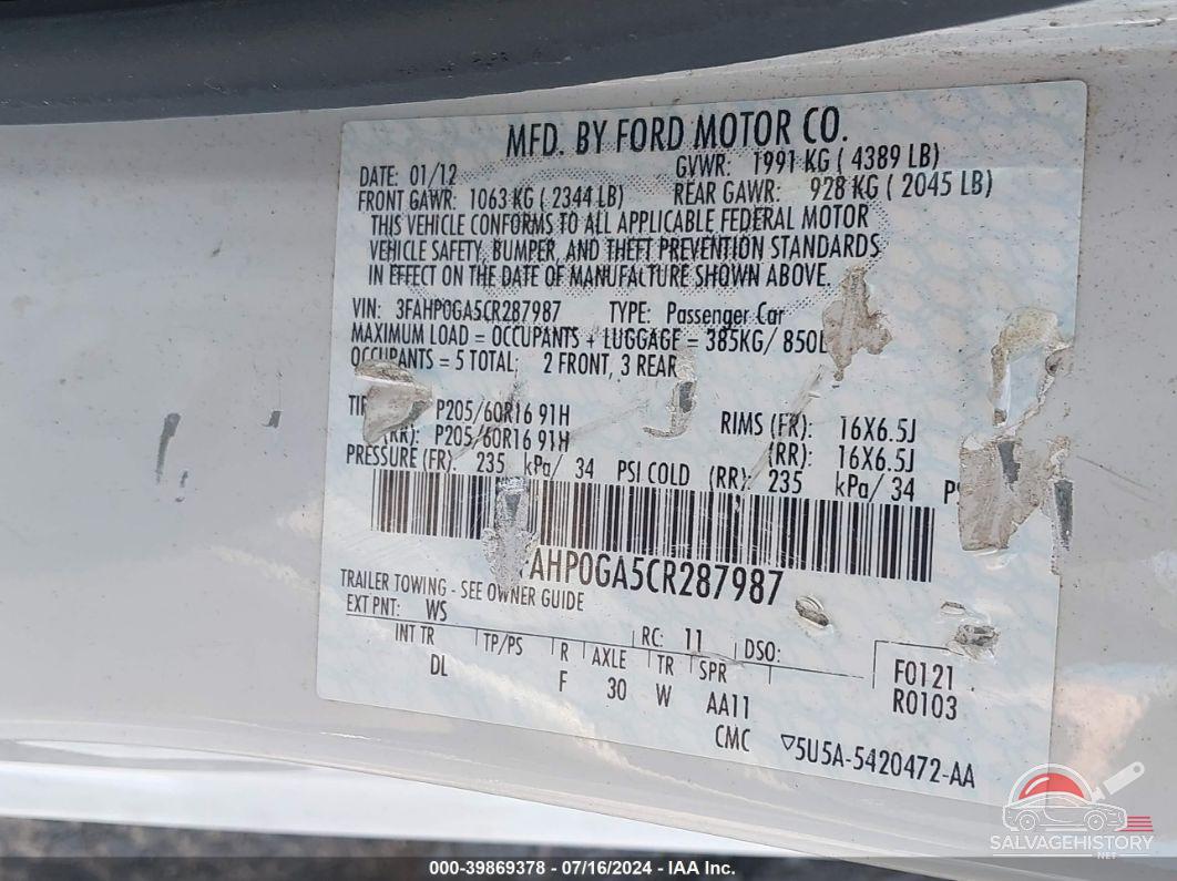 3FAHP0GA5CR287987 2012 FORD FUSION photo no. 9