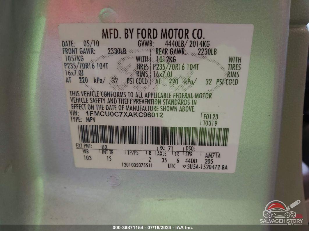 1FMCU0C7XAKC96012 2010 FORD ESCAPE photo no. 9