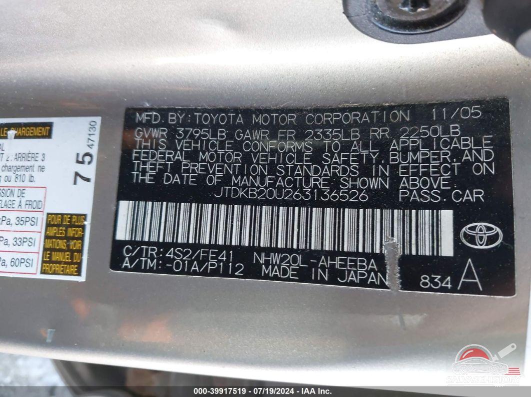JTDKB20U263136526 2006 TOYOTA PRIUS photo no. 9