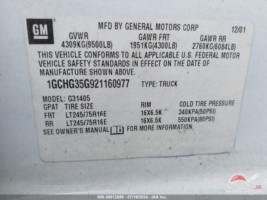 1GCHG35G921160977 2002 CHEVROLET EXPRESS photo no. 9