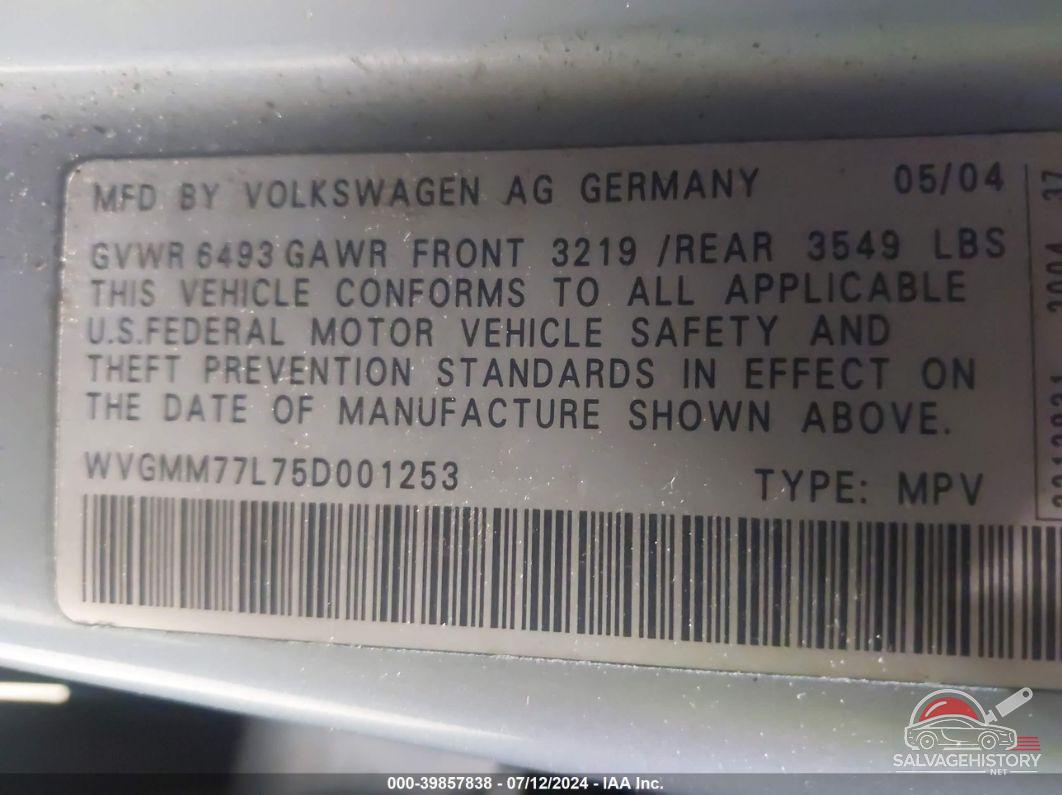 WVGMM77L75D001253 2005 VOLKSWAGEN TOUAREG photo no. 9