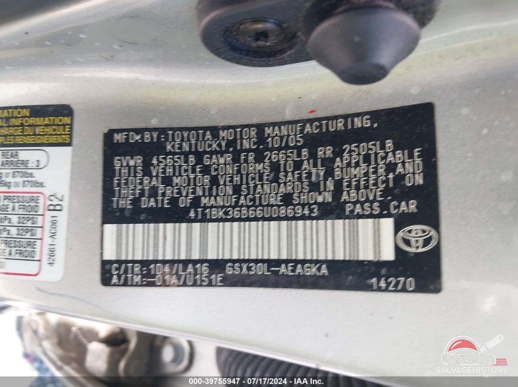 4T1BK36B66U086943 2006 TOYOTA AVALON photo no. 9