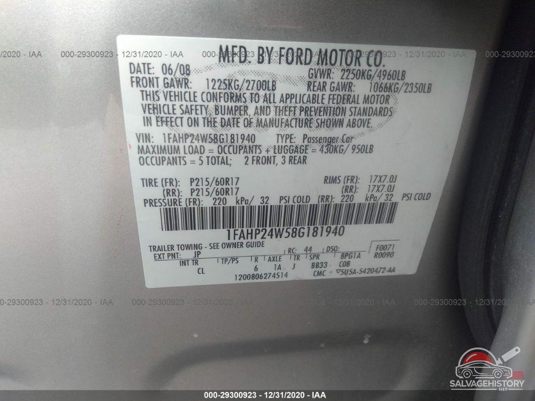 1FAHP24W58G181940 2008 FORD TAURUS photo no. 9