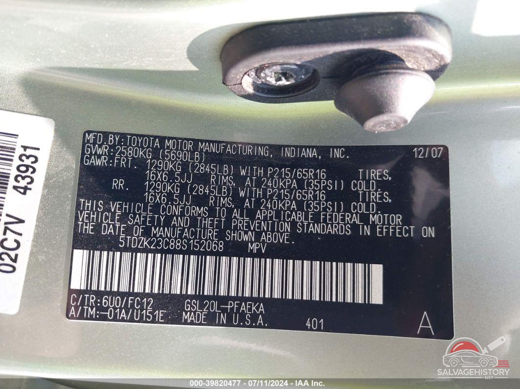 5TDZK23C88S152068 2008 TOYOTA SIENNA photo no. 9