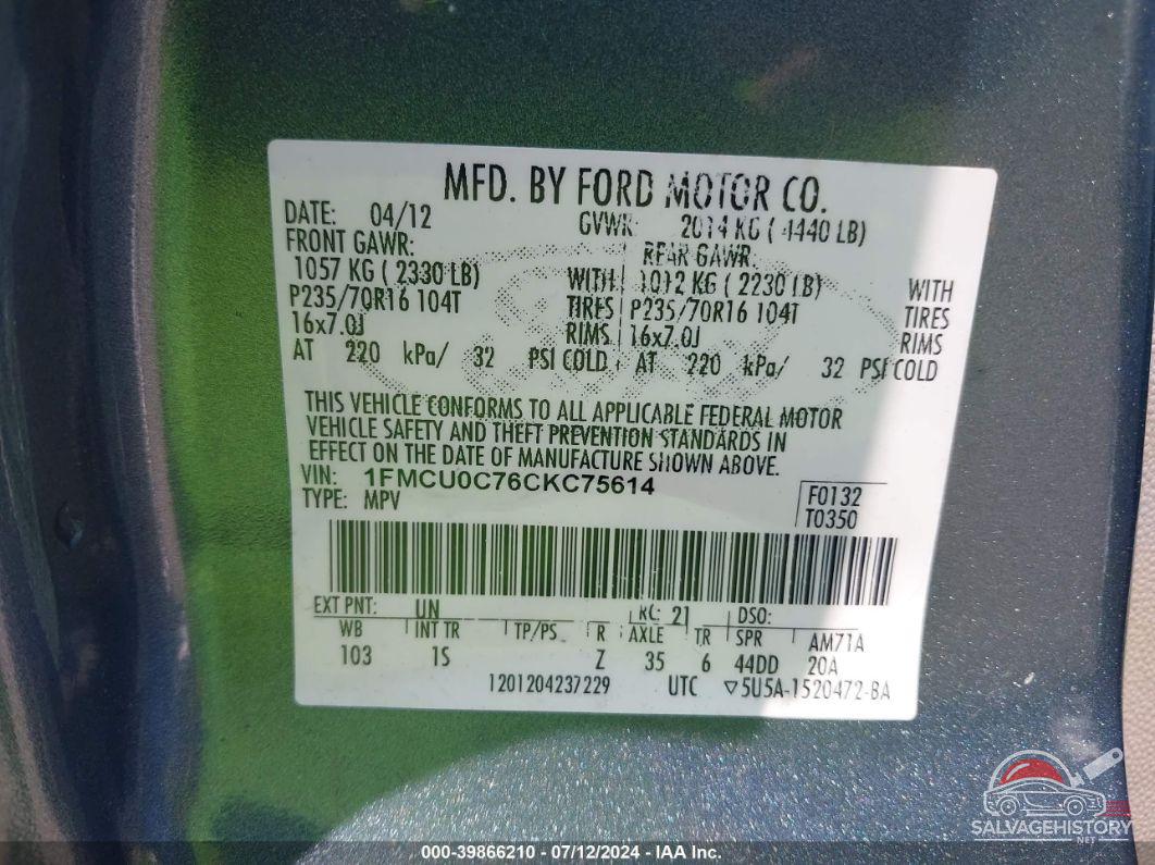 1FMCU0C76CKC75614 2012 FORD ESCAPE photo no. 9
