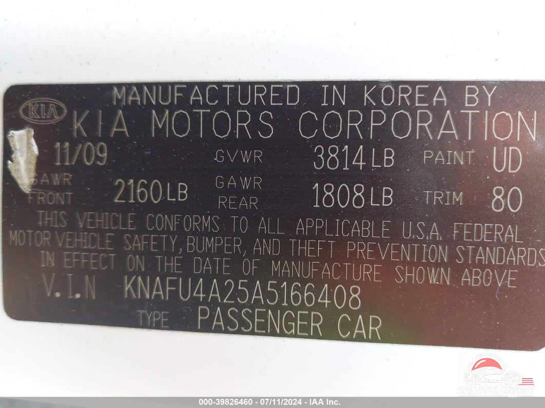 KNAFU4A25A5166408 2010 KIA FORTE photo no. 9