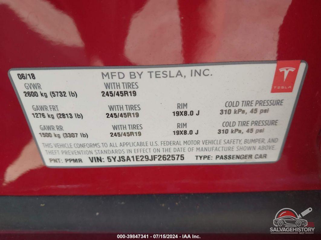 5YJSA1E29JF262575 2018 TESLA MODEL S photo no. 9