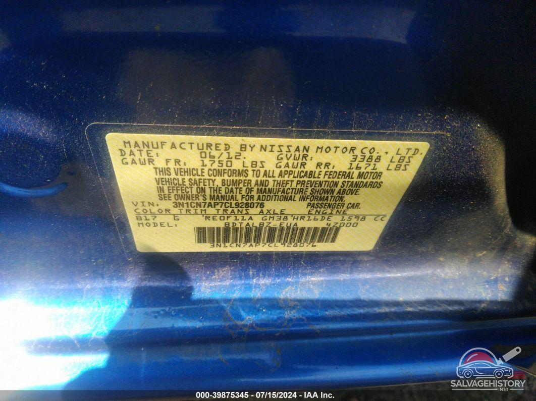 3N1CN7AP7CL928076 2012 NISSAN VERSA photo no. 9