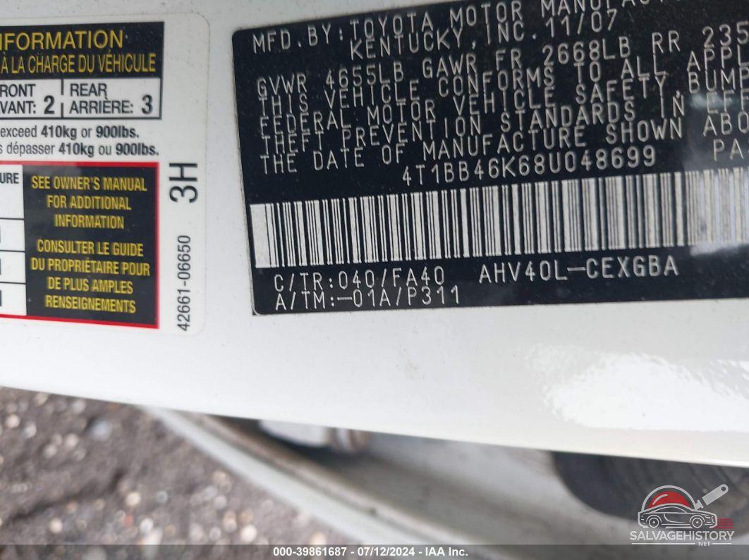4T1BB46K68U048699 2008 TOYOTA CAMRY HYBRID photo no. 9