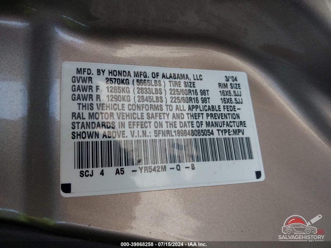 5FNRL18984B085054 2004 HONDA ODYSSEY photo no. 9