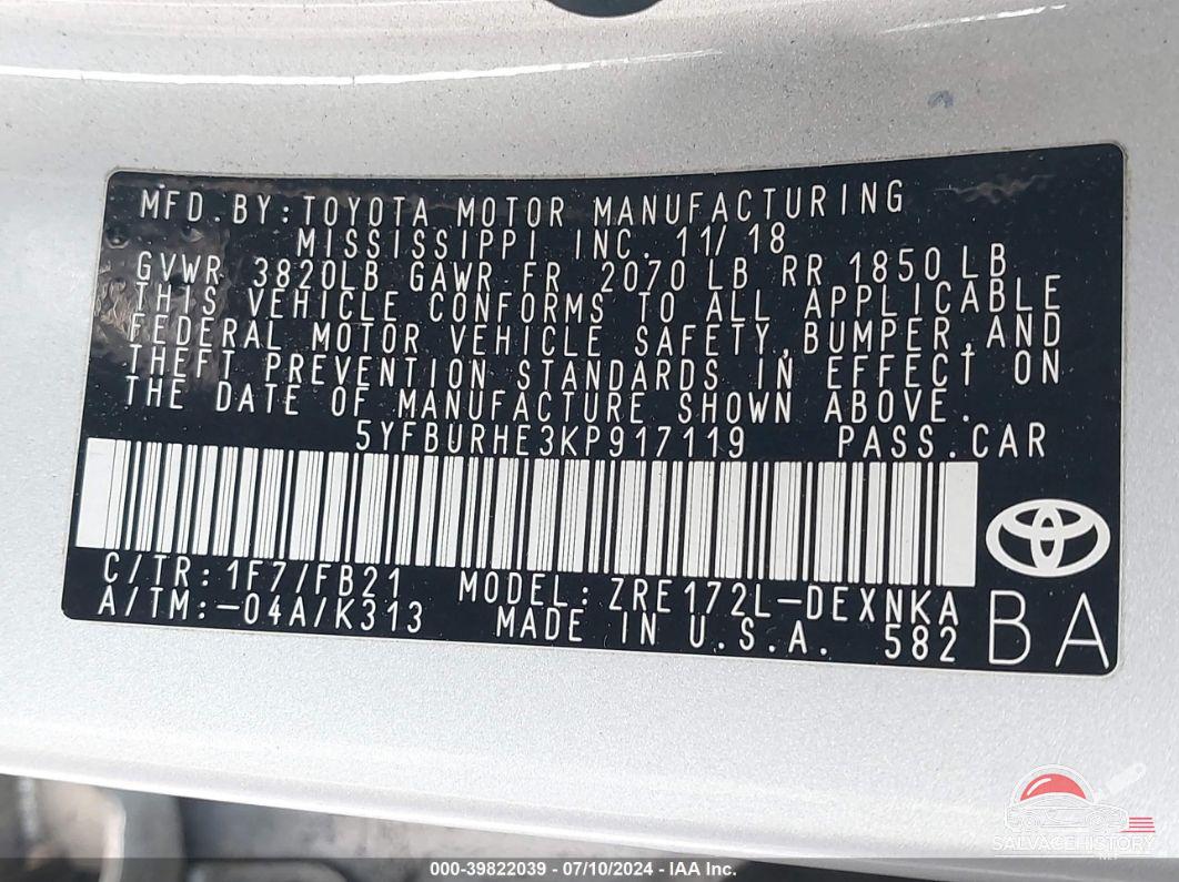 5YFBURHE3KP917119 2019 TOYOTA COROLLA photo no. 9