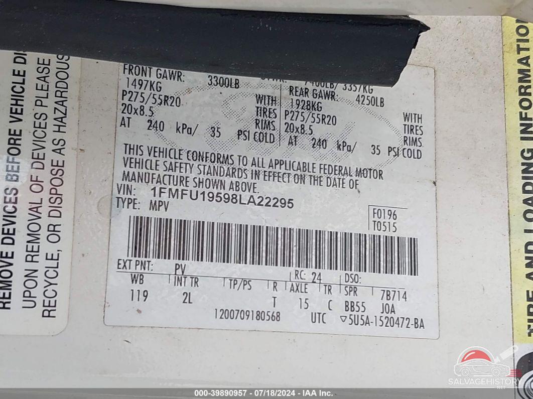 1FMFU19598LA22295 2008 FORD EXPEDITION photo no. 9