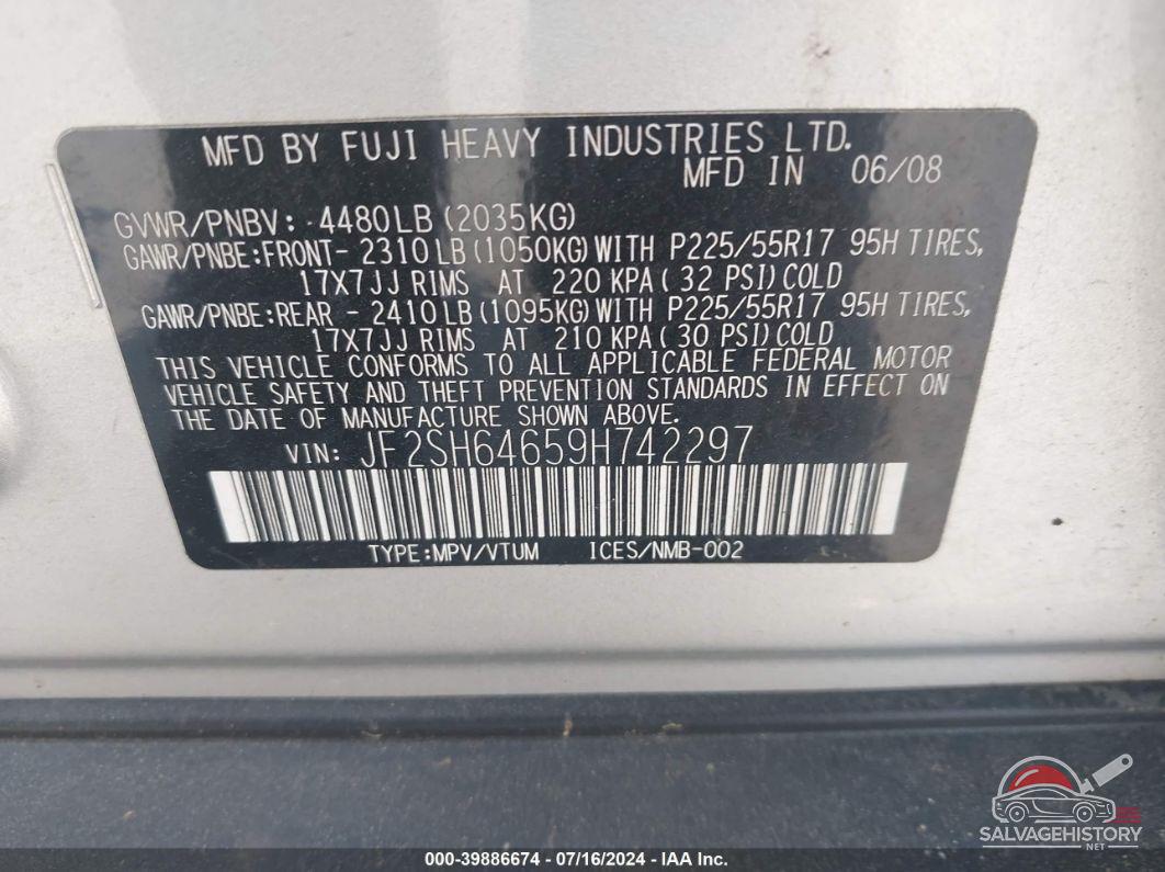 JF2SH64659H742297 2009 SUBARU FORESTER photo no. 9