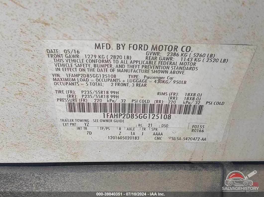 1FAHP2D85GG125108 2016 FORD TAURUS photo no. 9