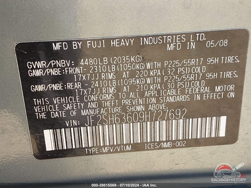 JF2SH63609H727692 2009 SUBARU FORESTER photo no. 9