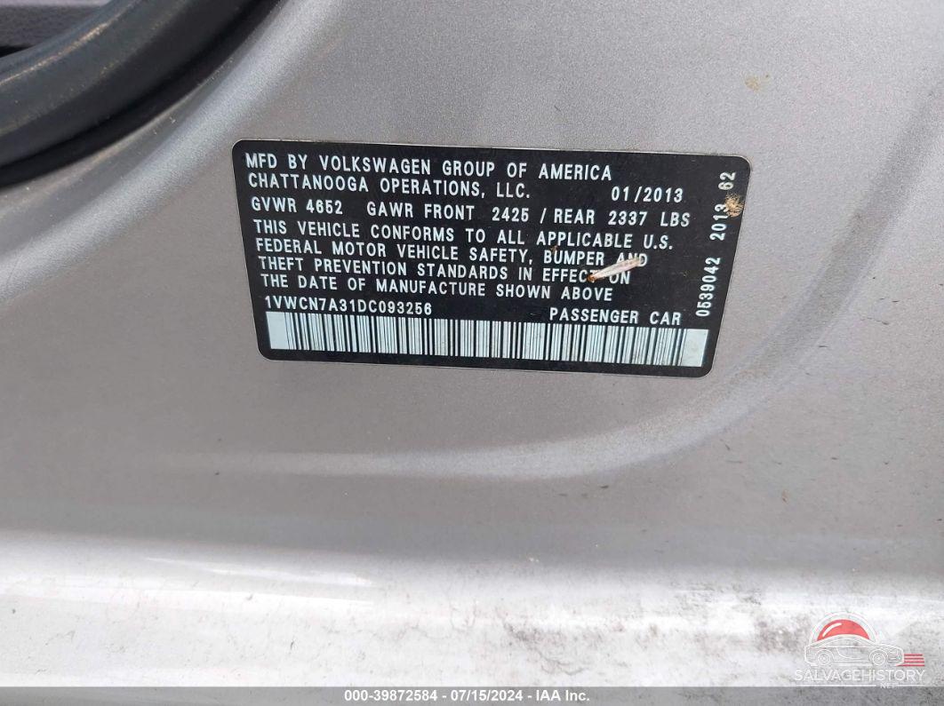 1VWCN7A31DC093256 2013 VOLKSWAGEN PASSAT photo no. 9