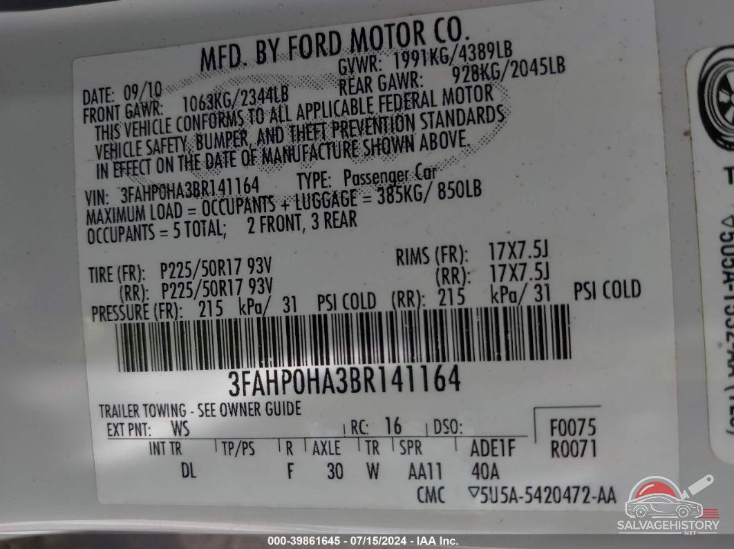 3FAHP0HA3BR141164 2011 FORD FUSION photo no. 9