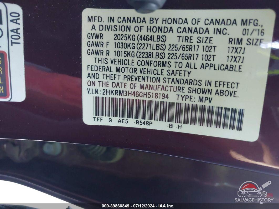 2HKRM3H46GH518194 2016 HONDA CR-V photo no. 9