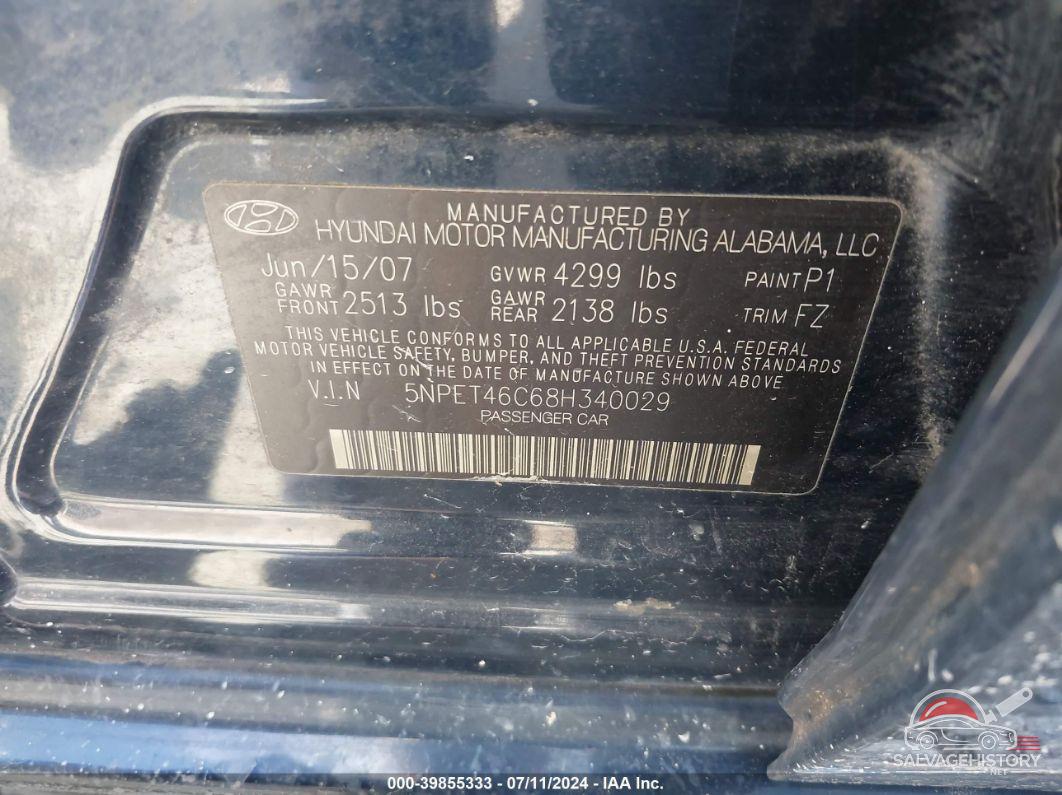 5NPET46C68H340029 2008 HYUNDAI SONATA photo no. 9