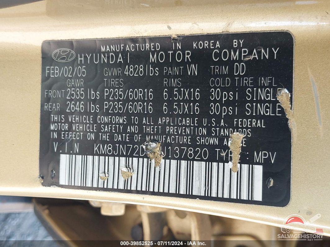 KM8JN72D55U137820 2005 HYUNDAI TUCSON photo no. 9