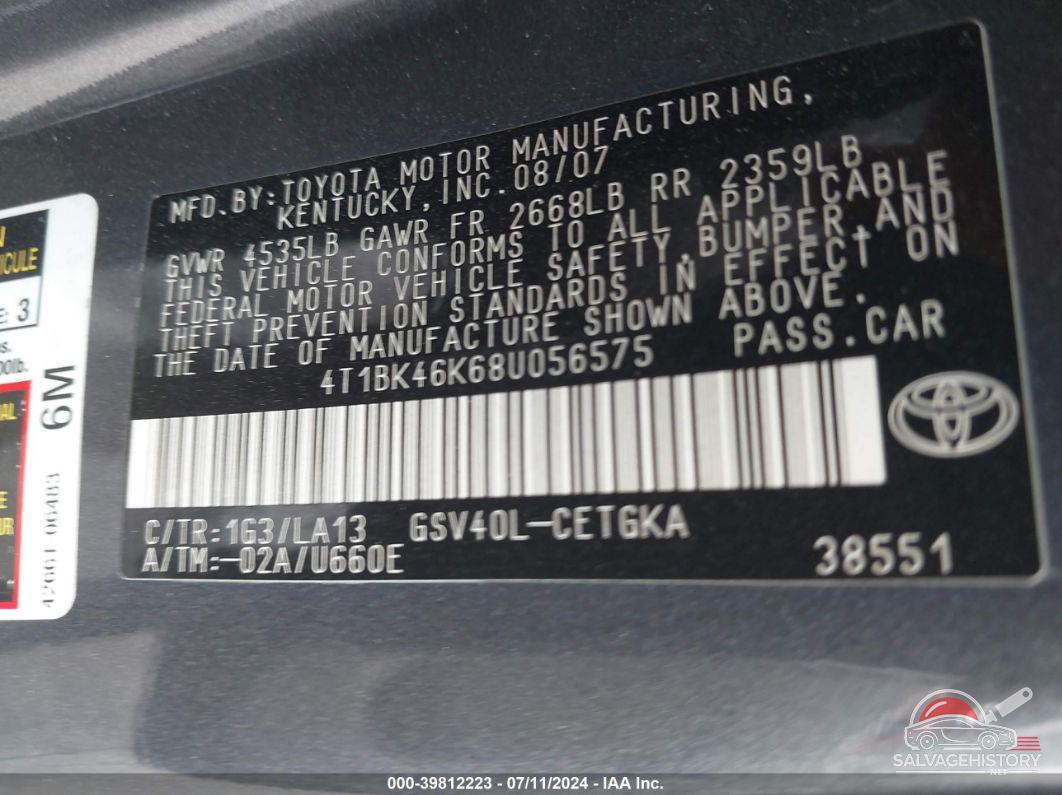 4T1BK46K68U056575 2008 TOYOTA CAMRY photo no. 9