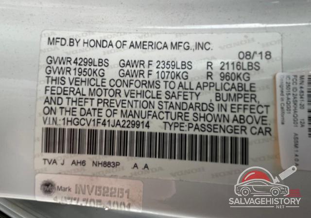 1HGCV1F41JA229914 2018 HONDA ACCORD photo no. 10