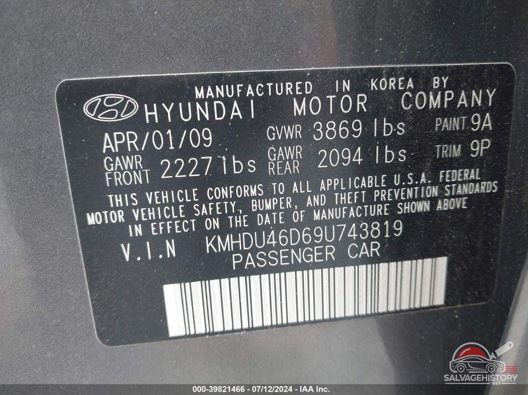 KMHDU46D69U743819 2009 HYUNDAI ELANTRA photo no. 9