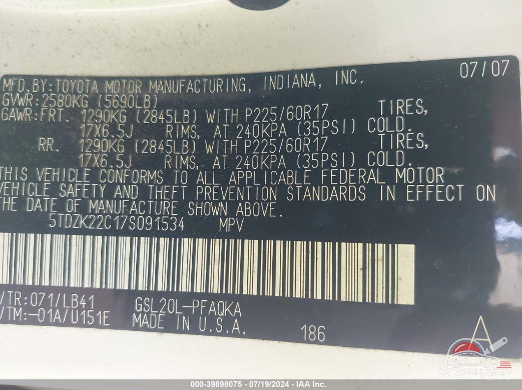 5TDZK22C17S091534 2007 TOYOTA SIENNA photo no. 9