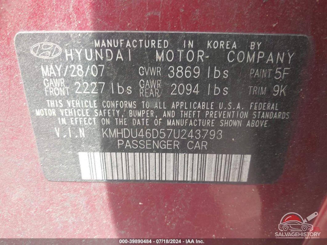 KMHDU46D57U243793 2007 HYUNDAI ELANTRA photo no. 9