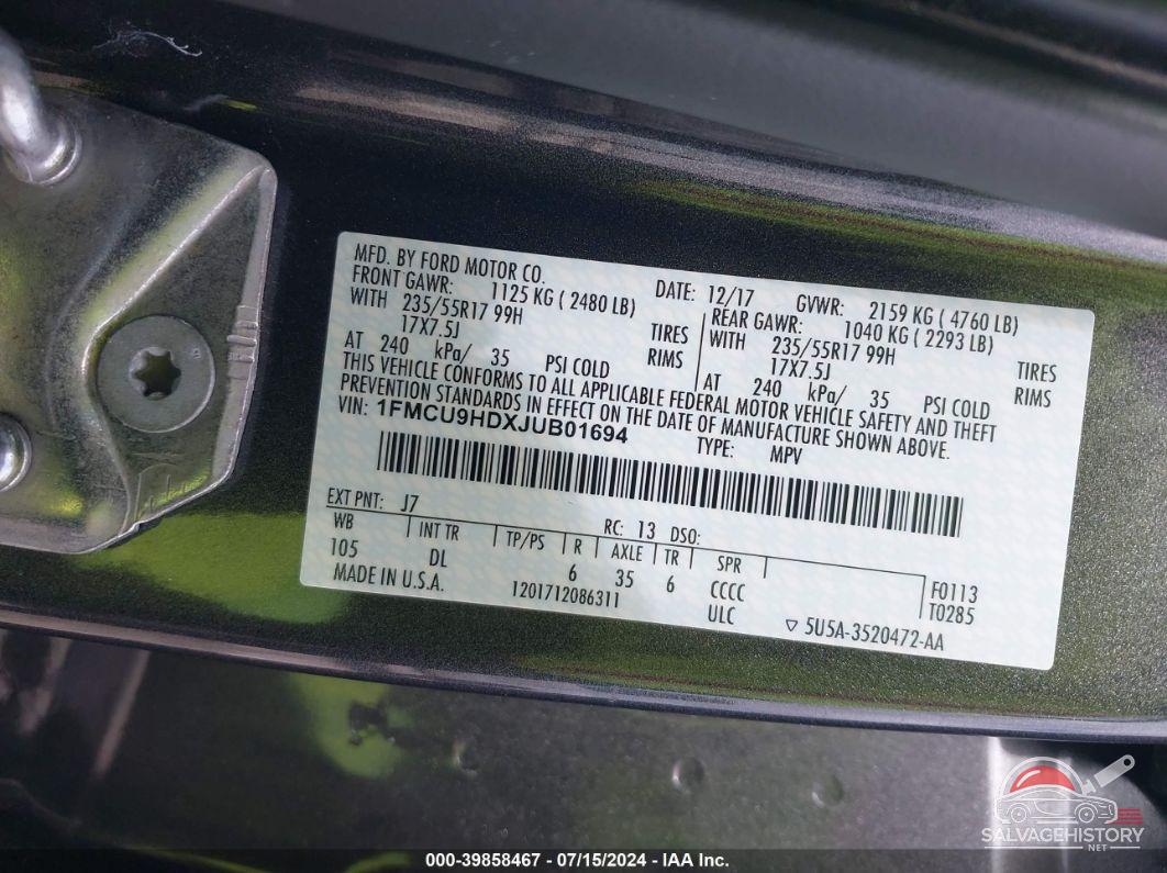 1FMCU9HDXJUB01694 2018 FORD ESCAPE photo no. 9