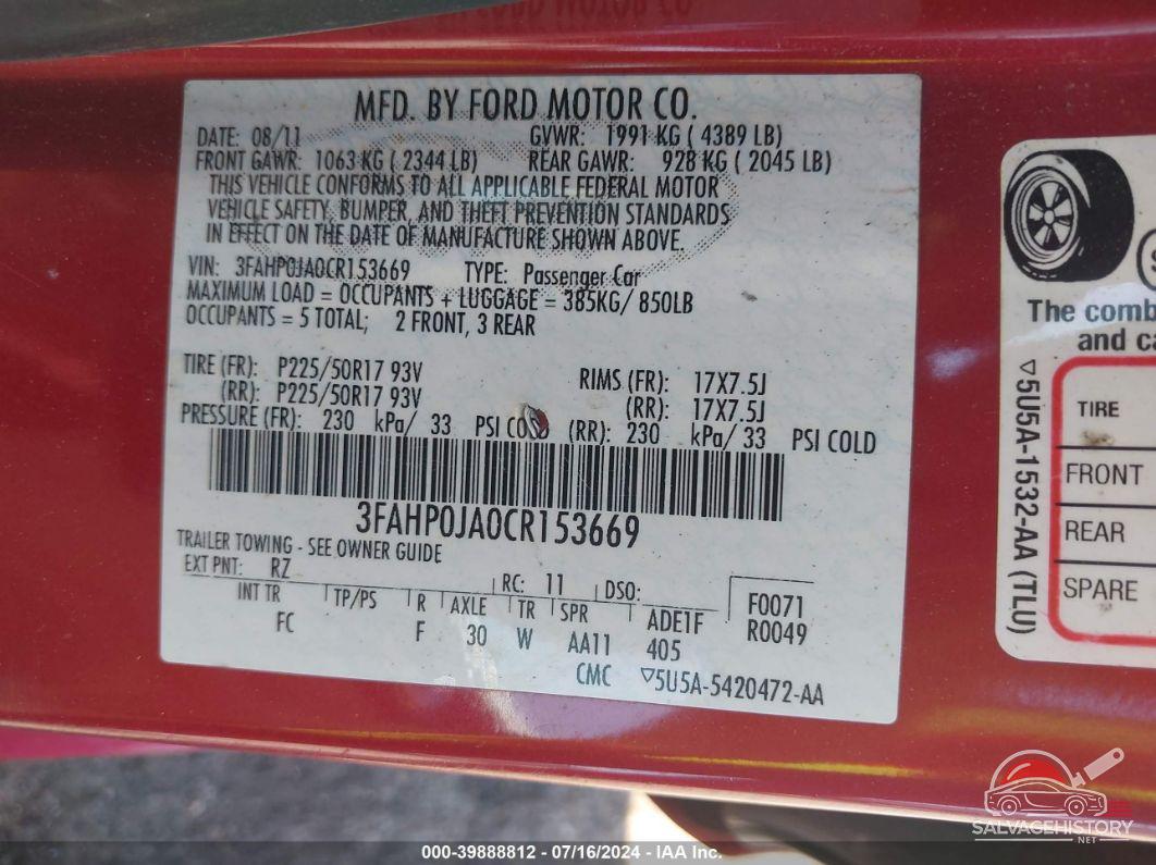 3FAHP0JA0CR153669 2012 FORD FUSION photo no. 9